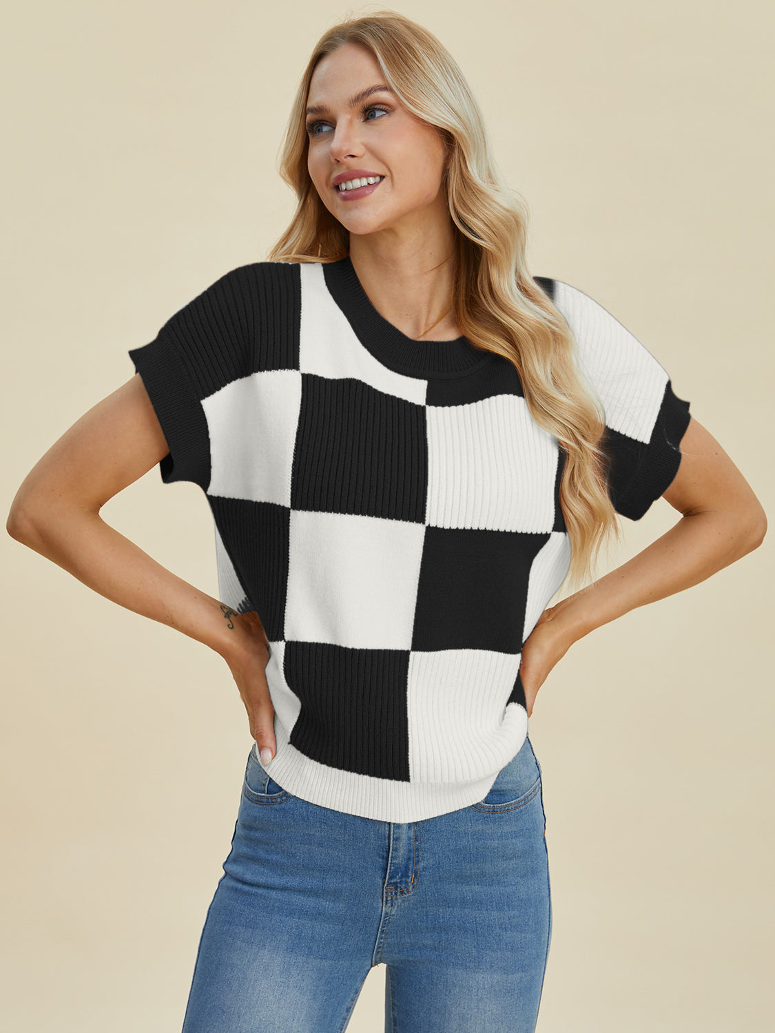 Double Take Full Size Checkered Round Neck Short Sleeve Sweater - ClassiQ