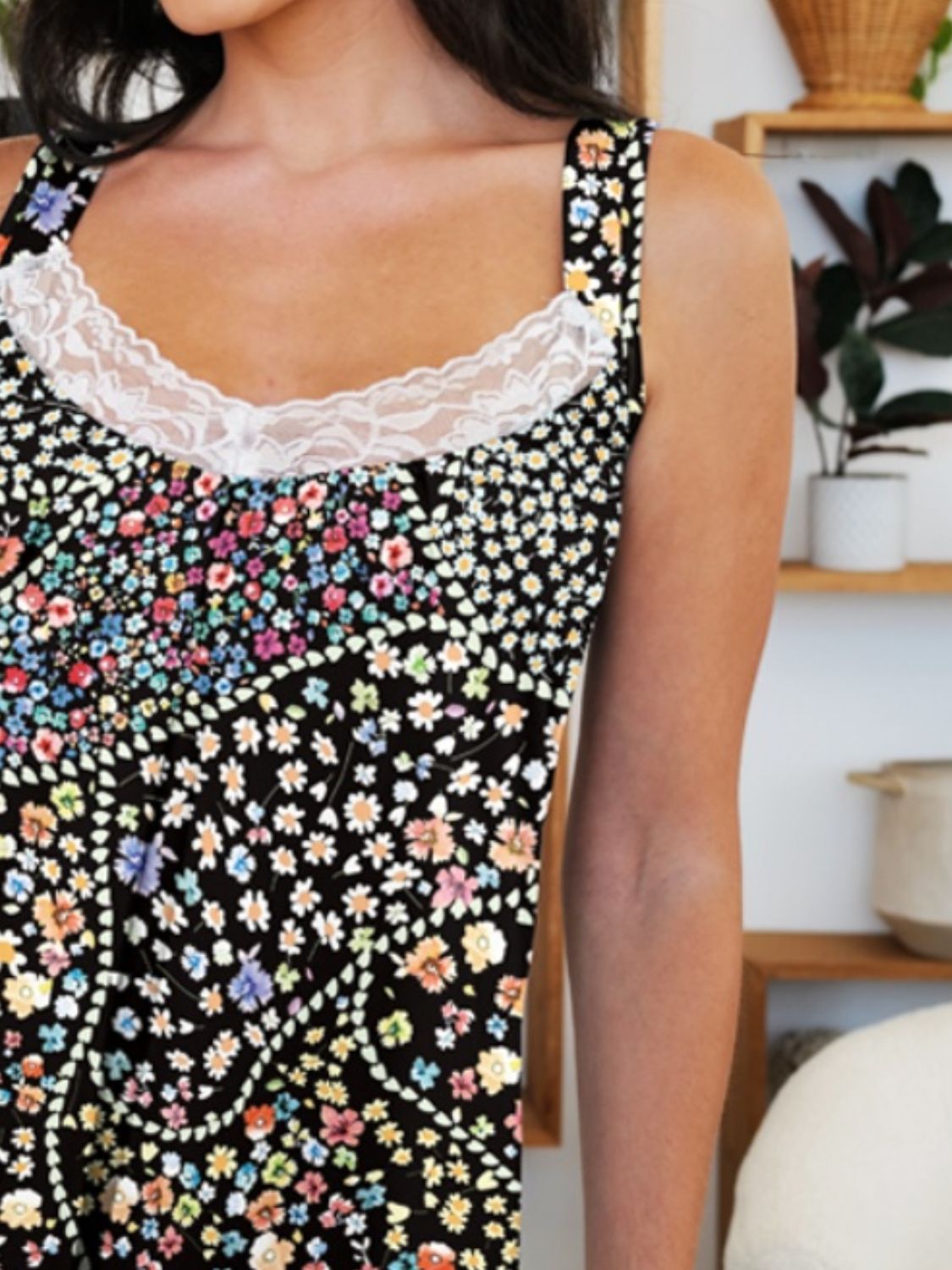 FAM-FAM Lace Detail Printed Wide Strap Mini Dress - Classique Collection
