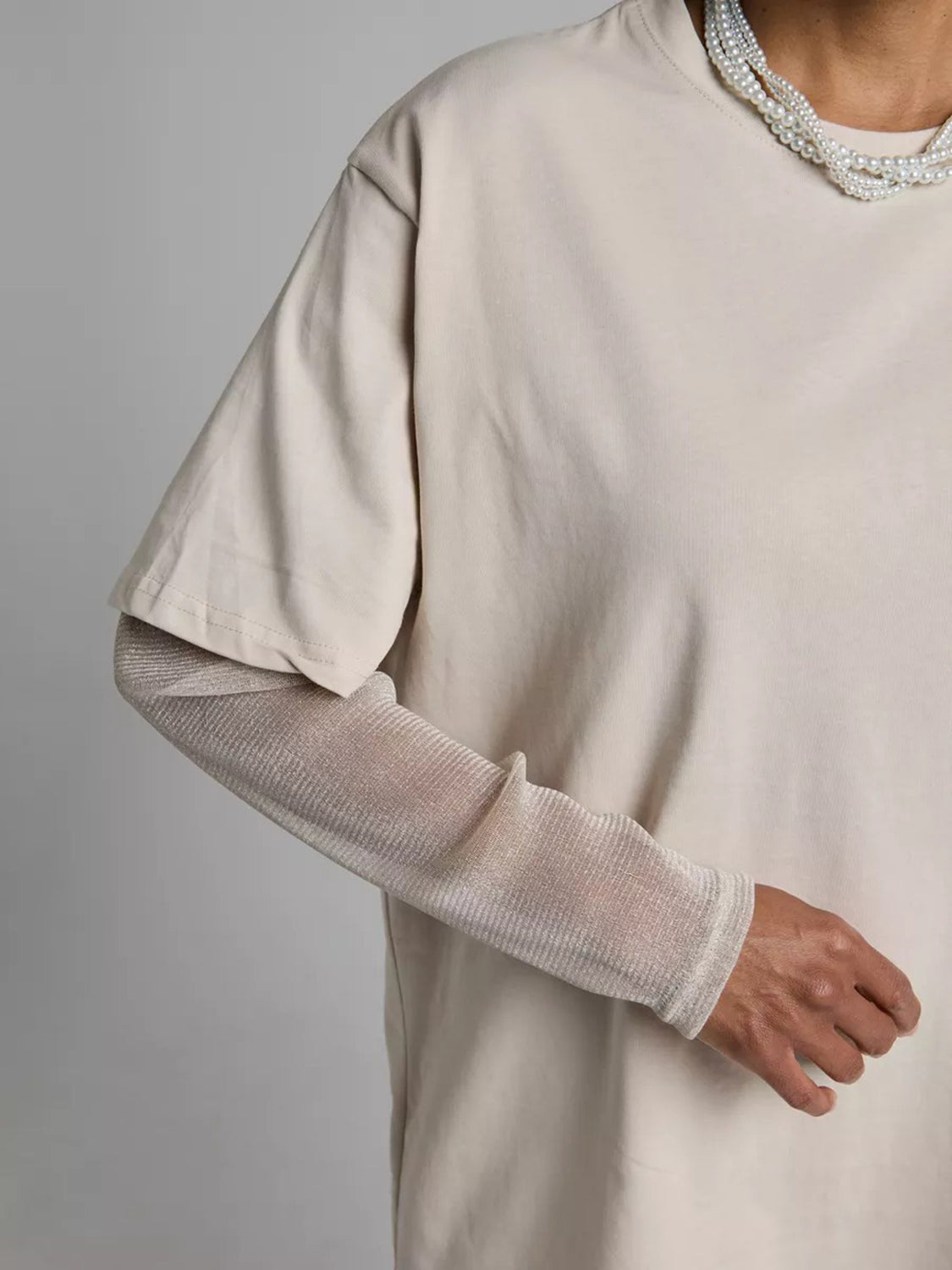 Faux Layered Round Neck Mesh Sleeve Top - Classique Collection