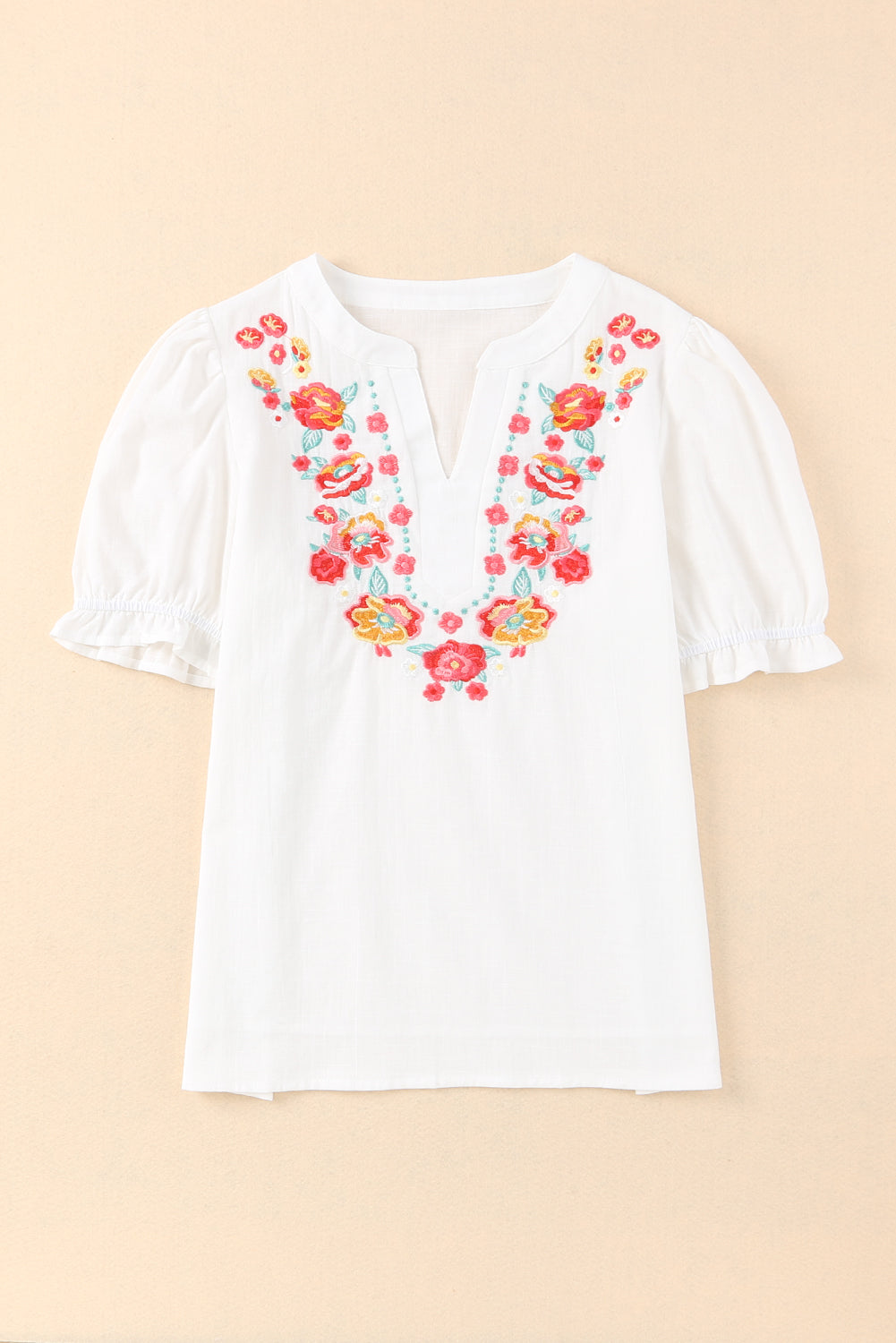 Embroidered Notched Neck Flounce Sleeve Top - Classique Collection