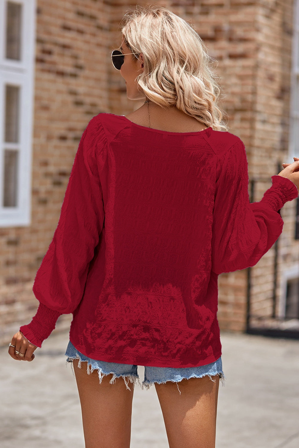 Ruched Round Neck Lantern Sleeve Blouse - Classique Collection