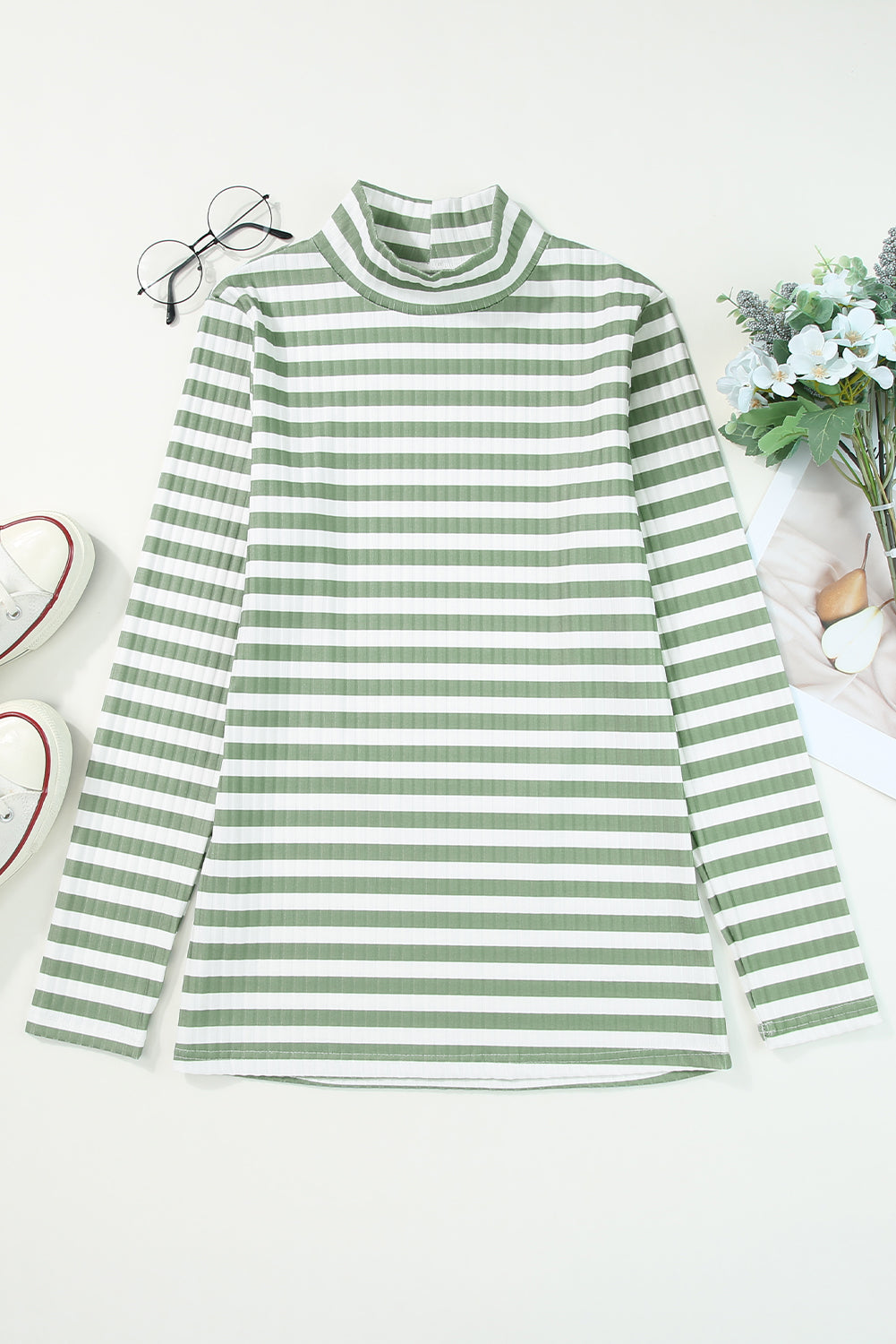 Striped Mock Neck Long Sleeve Top - Classique Collection