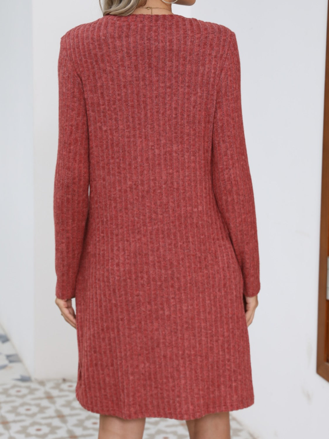 Decorative Button Round Neck Long Sleeve Dress - Classique Collection