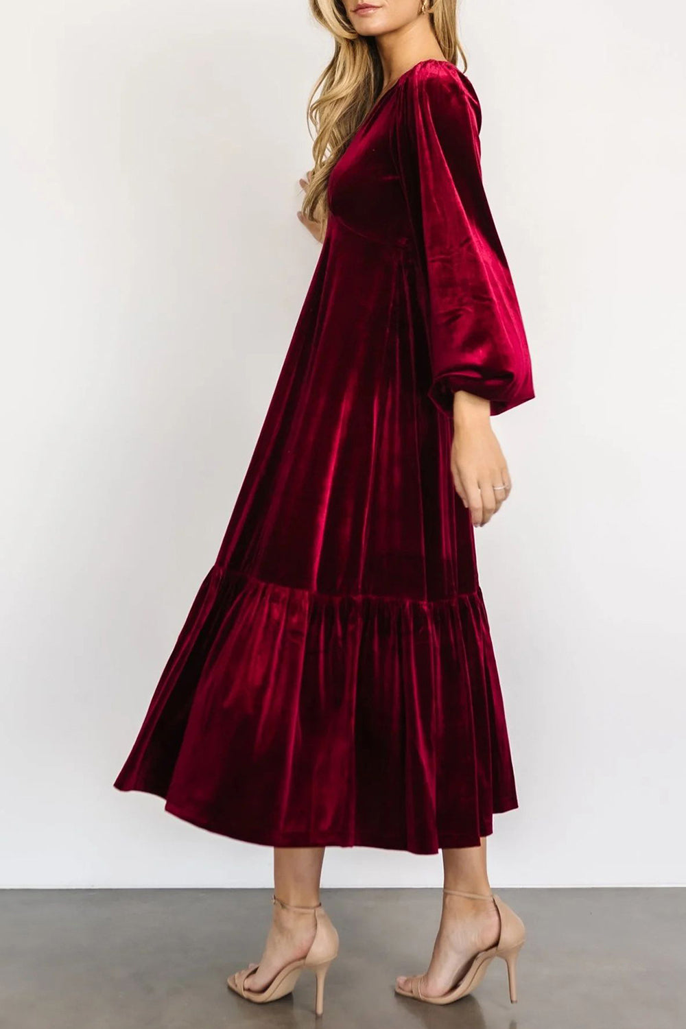 V-Neck Long Sleeve Midi Velvet Dress - Classique Collection