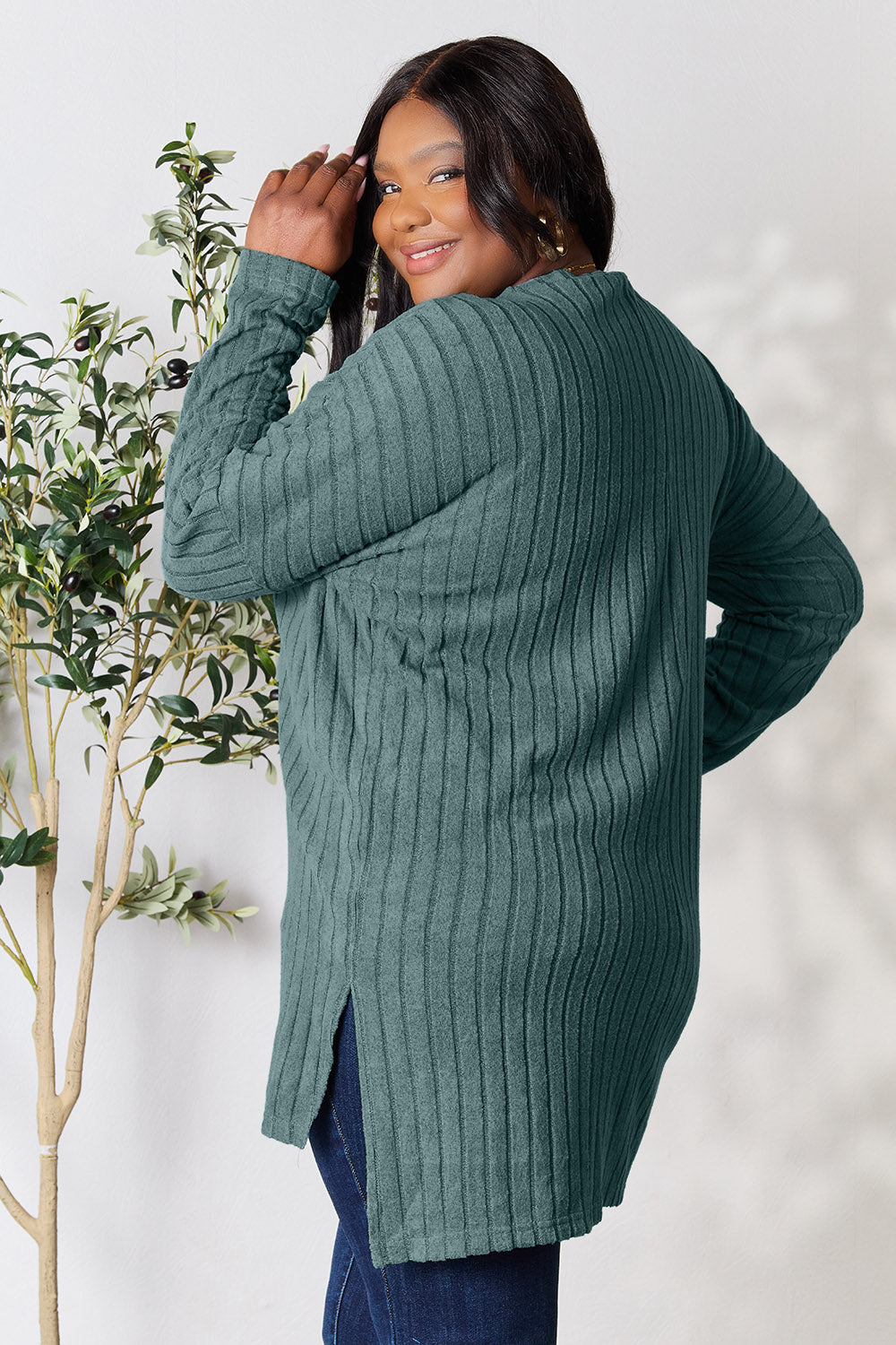 Basic Bae Full Size Ribbed Round Neck Long Sleeve Slit Top - Classique Collection