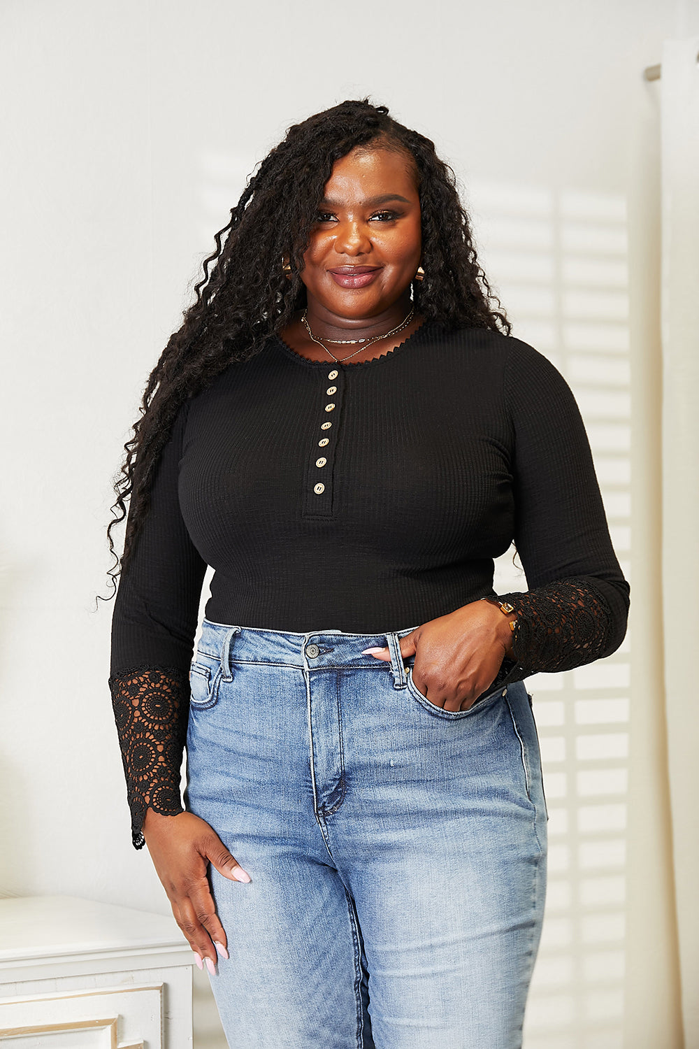 Double Take Crochet Lace Hem Sleeve Button Top - Classique Collection