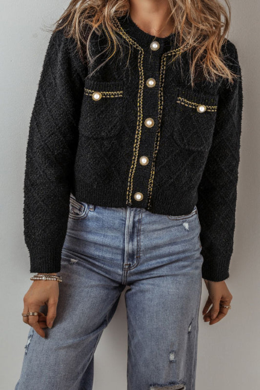 Round Neck Button Up Long Sleeve Cardigan - ClassiQ