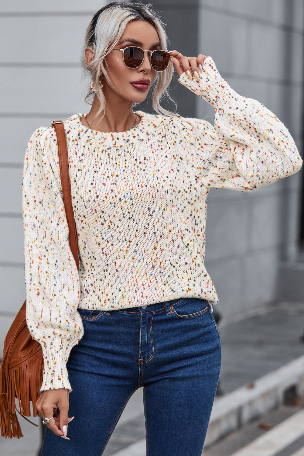 Heathered Round Neck Lantern Sleeve Sweater - ClassiQ