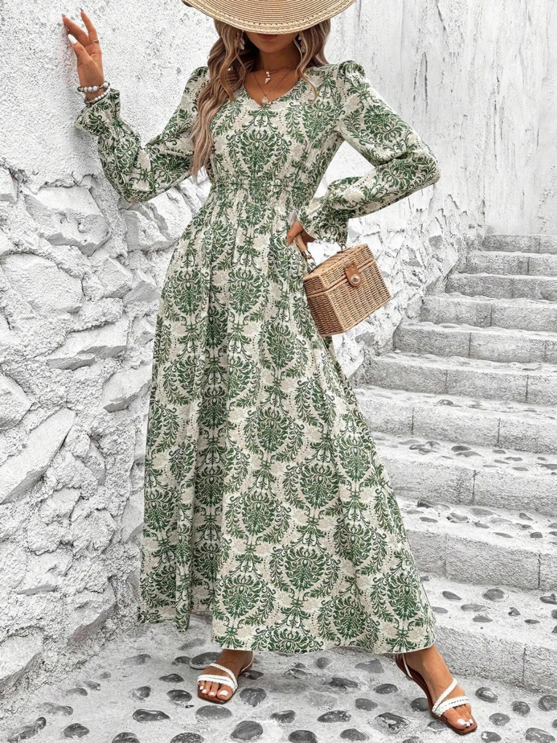 Smocked Printed V-Neck Flounce Sleeve Dress - Classique Collection