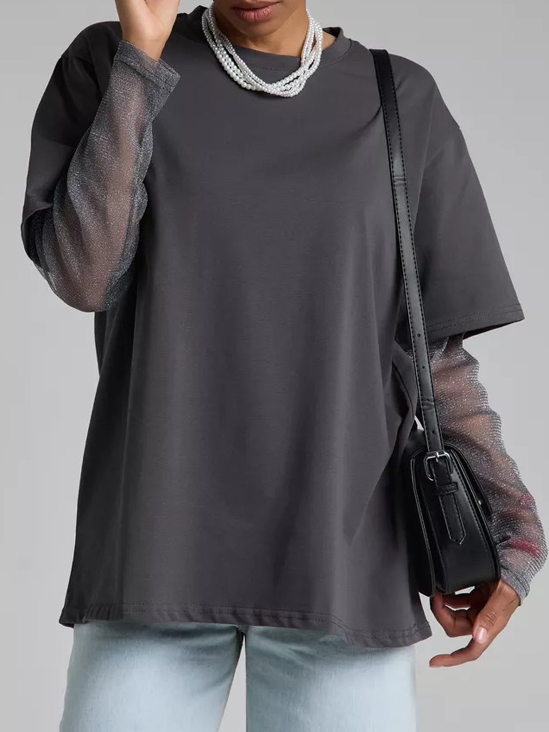 Faux Layered Round Neck Mesh Sleeve Top - Classique Collection