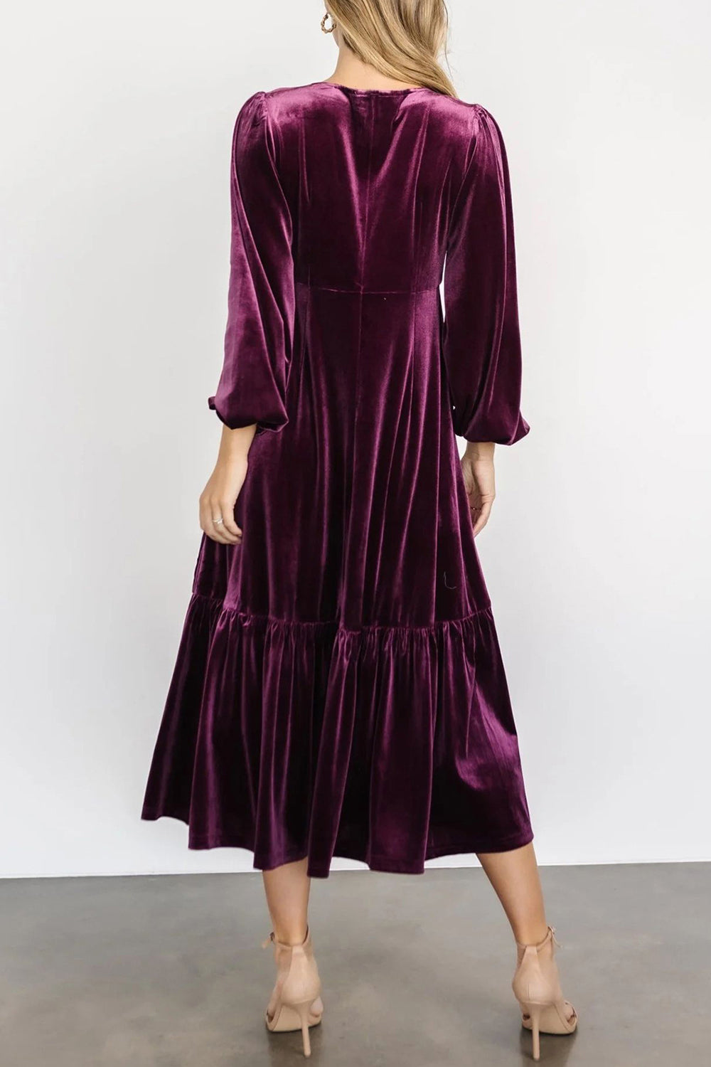 V-Neck Long Sleeve Midi Velvet Dress - Classique Collection