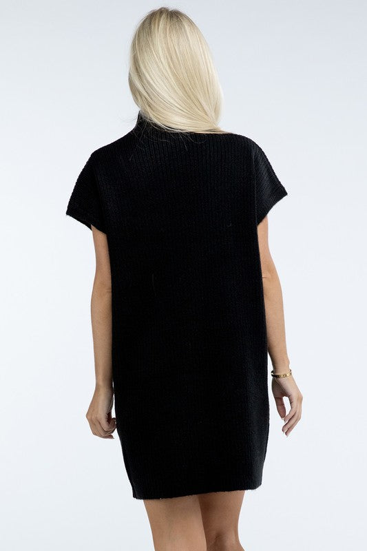 Mock Neck Short Sleeve Sweater Dress with Pocket - Classique Collection