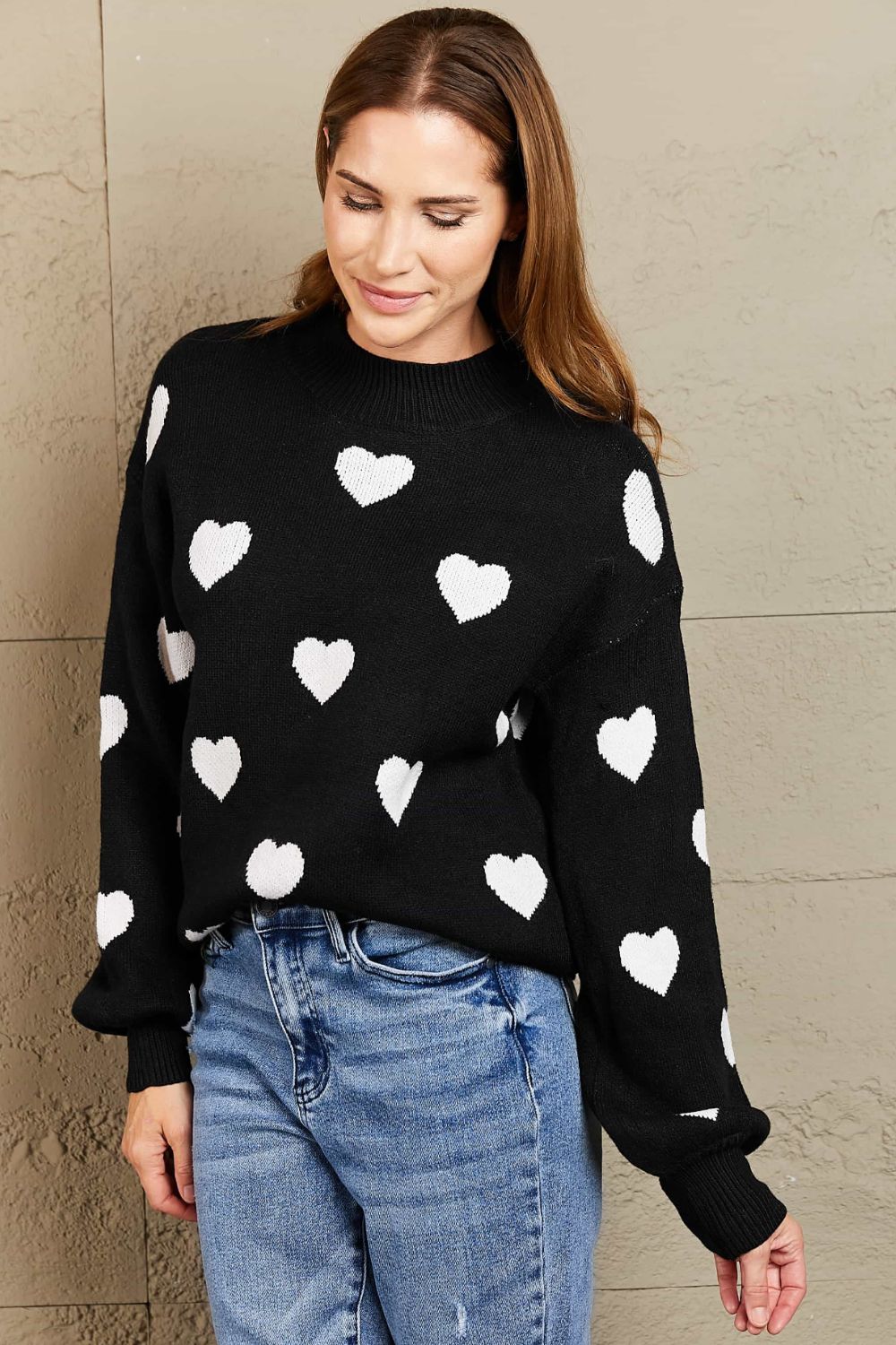 Woven Right Heart Pattern Lantern Sleeve Round Neck Tunic Sweater - ClassiQ