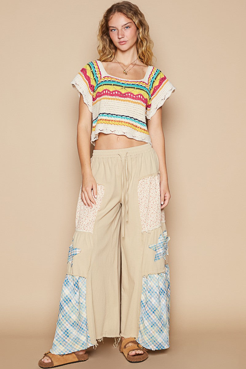 POL Openwork Ethnic Pattern Square Neck Cropped Knit Top - Classique Collection