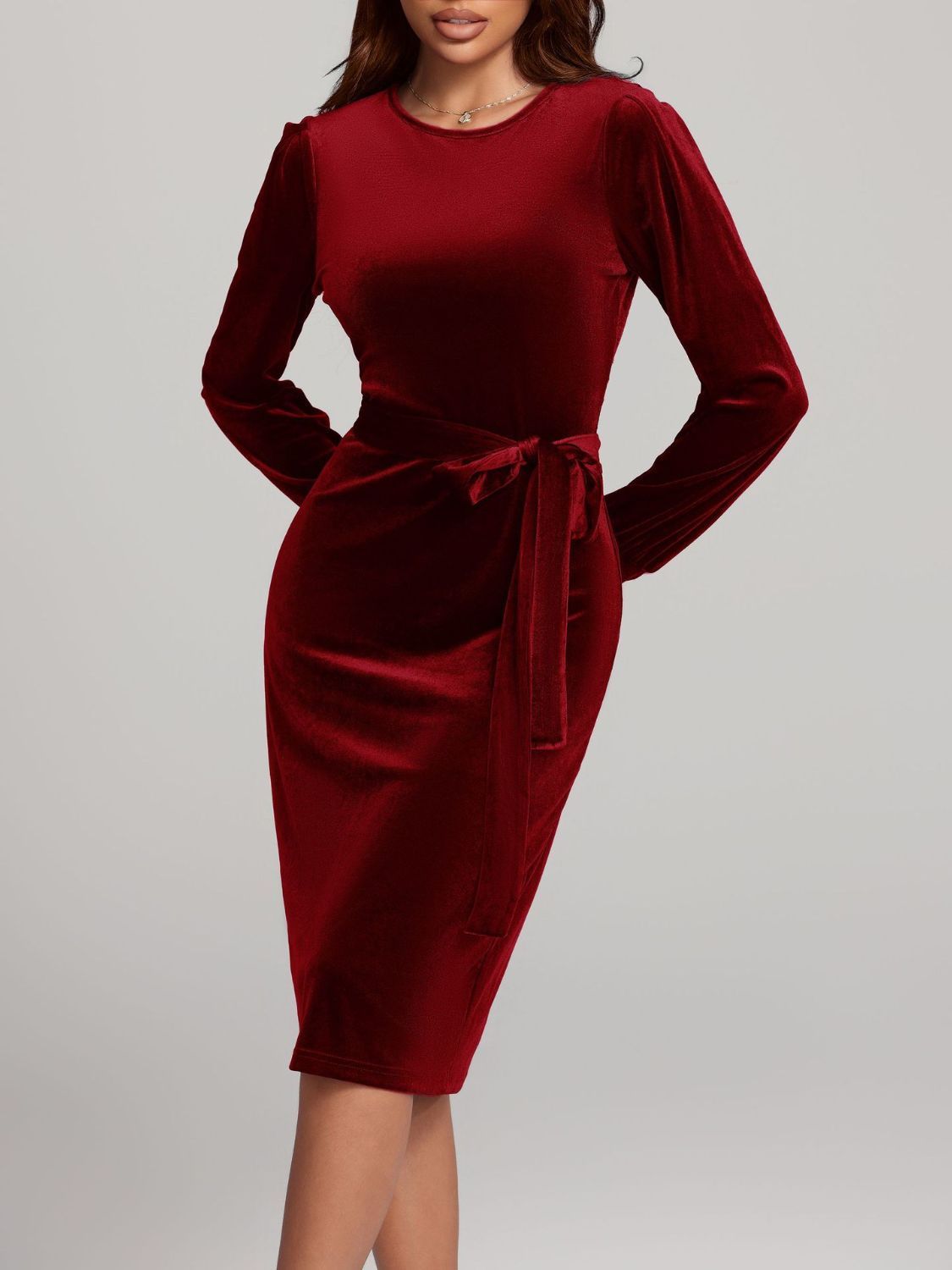Round Neck Tie Waist Long Sleeve Velvet Dress - Classique Collection