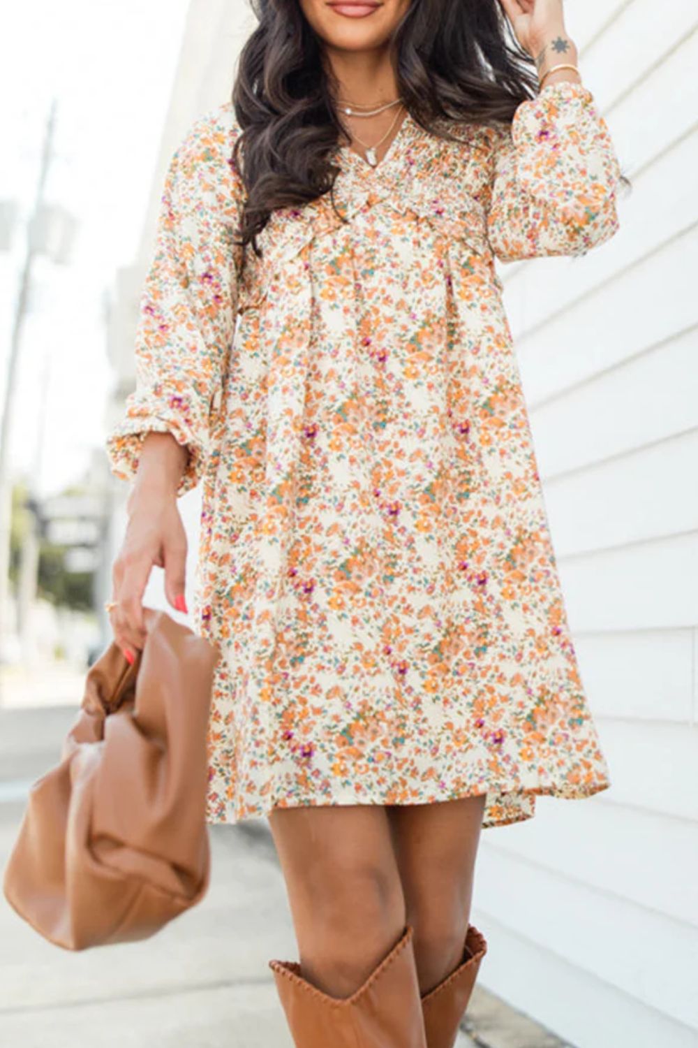 Printed V-Neck Balloon Sleeve Mini Dress - Classique Collection