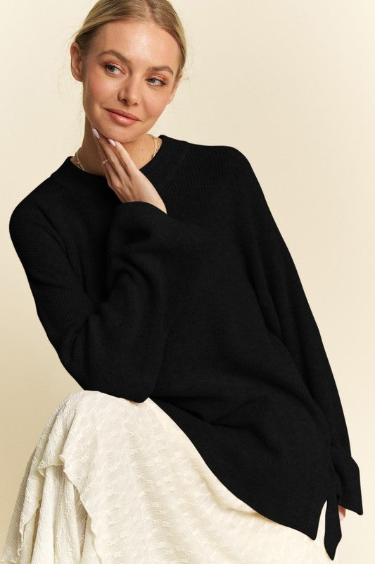 Davi & Dani High-Low Round Neck Drop Shoulder Sweater - ClassiQ