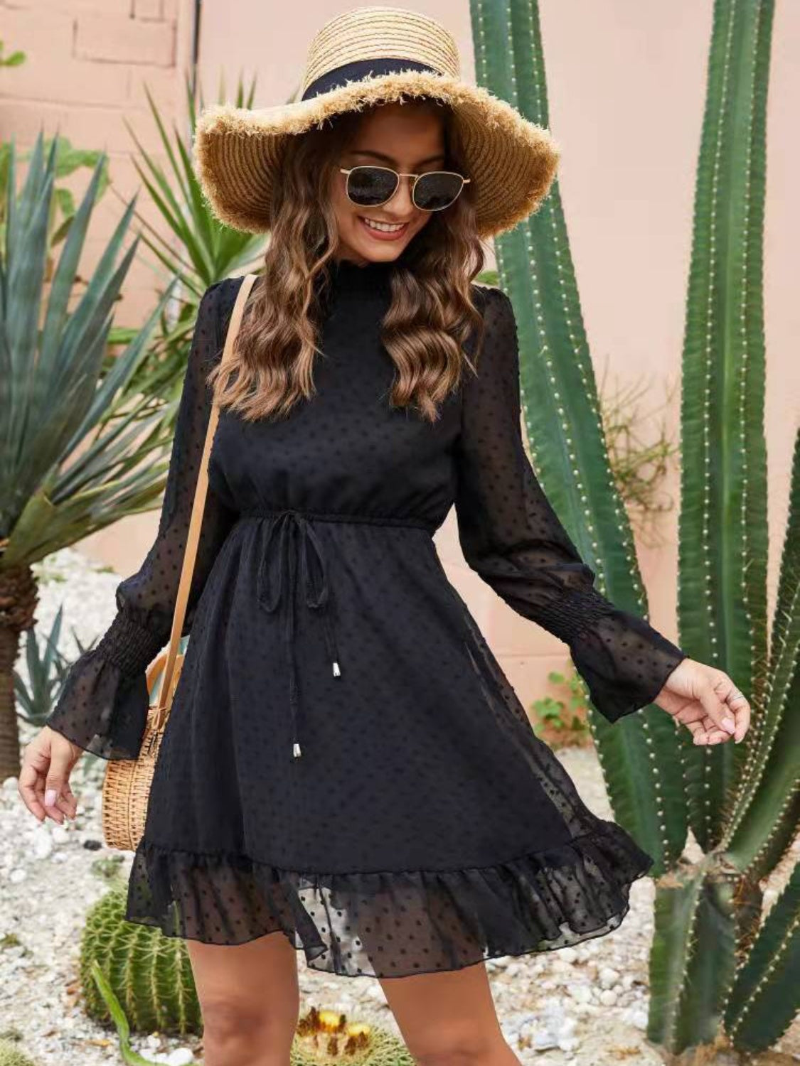 Mock Neck Flounce Sleeve Mini Dress - Classique Collection