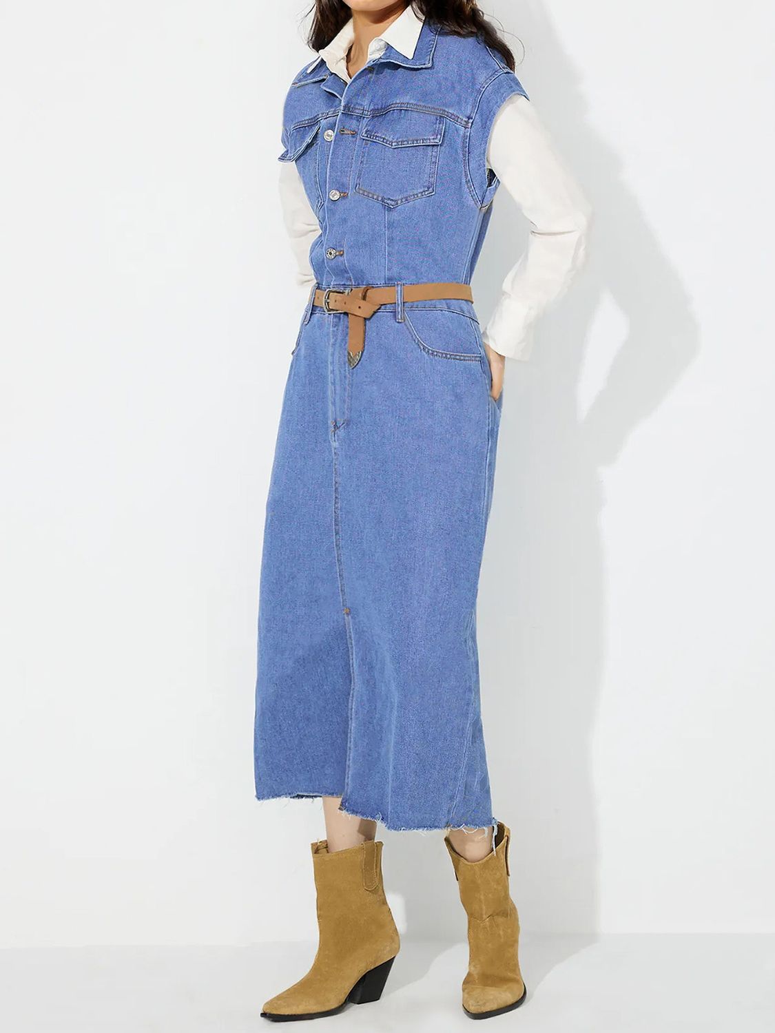 Slit Half Button Collared Neck Cap Sleeve Denim Dress - Classique Collection