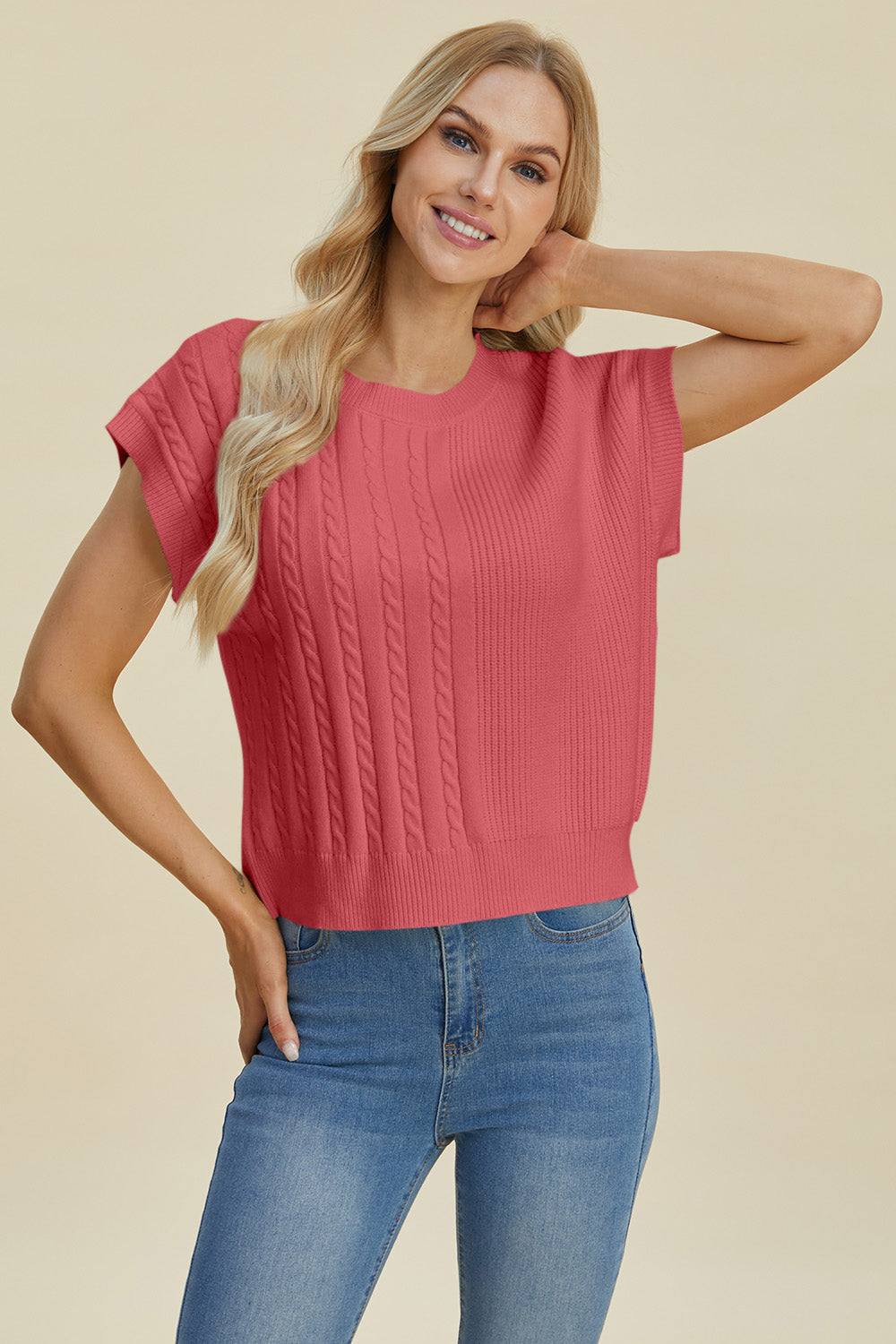 Double Take Full Size Cable-Knit Round Neck Short Sleeve Sweater - ClassiQ