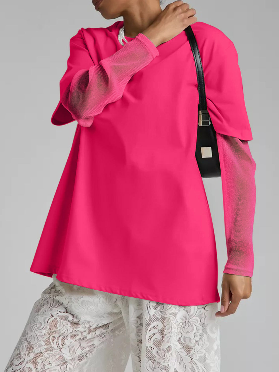 Faux Layered Round Neck Mesh Sleeve Top - Classique Collection