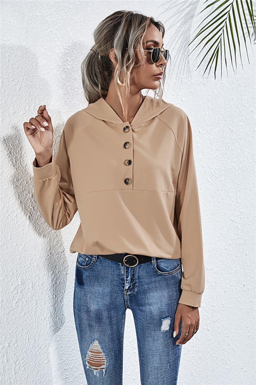 Buttoned Raglan Sleeve Hooded Blouse - ClassiQ