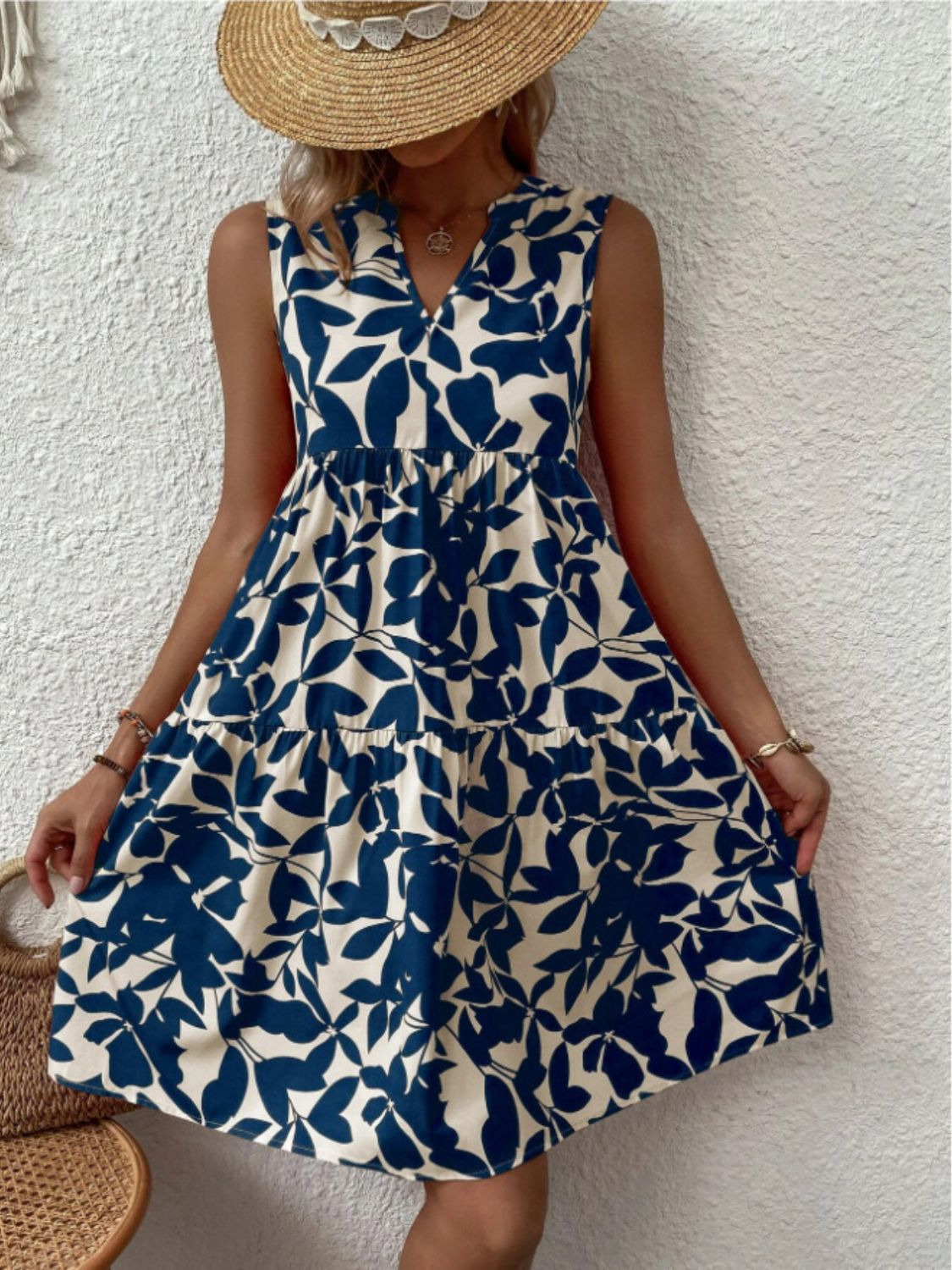 Printed Notched Sleeveless Mini Dress - Classique Collection