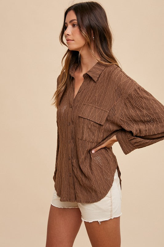 Annie Wear Openwork Button Down Drop Shoulder Shirt - ClassiQ