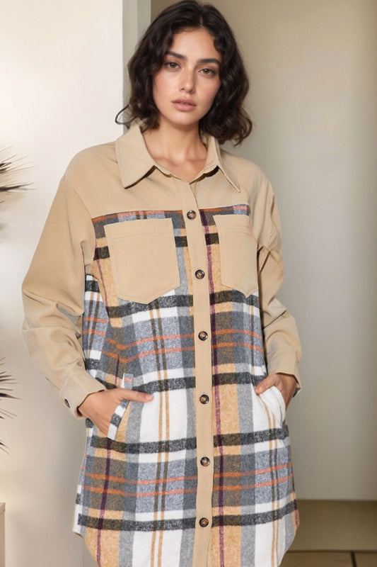 Pocketed Plaid Long Sleeve Mini Shirt Dress - Classique Collection