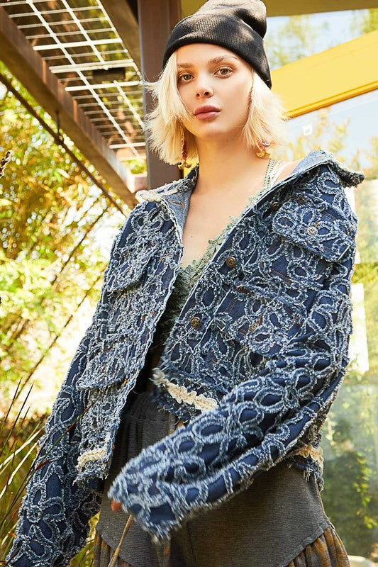 POL Flower Textured Raw Hem Long Sleeve Denim Jacket - Classique Collection