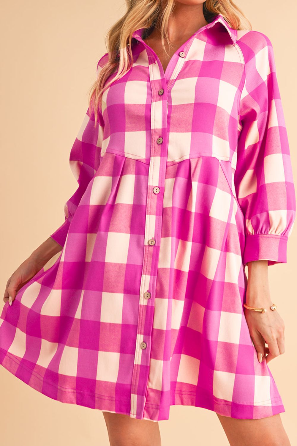 Ruched Plaid Three-Quarter Sleeve Shirt Dress - Classique Collection