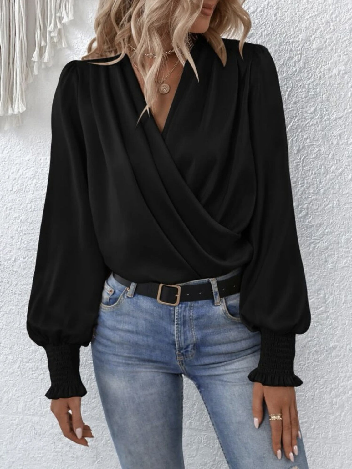 Surplice Smocked Lantern Sleeve Blouse - Classique Collection