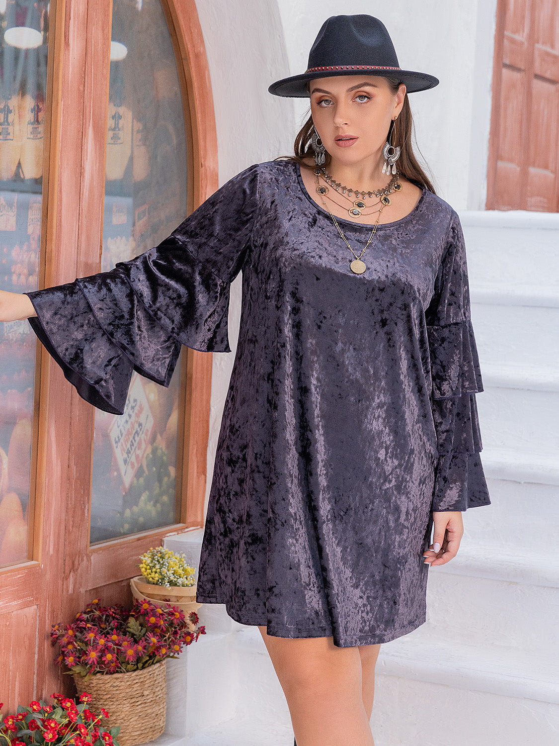 Plus Size Round Neck Flounce Sleeve Mini Dress - Classique Collection