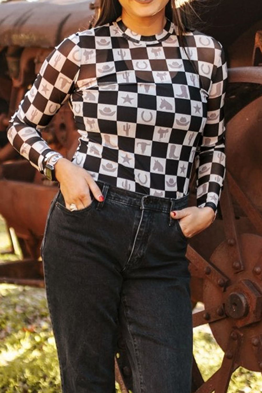 Checkered Mock Neck Long Sleeve Top - Classique Collection