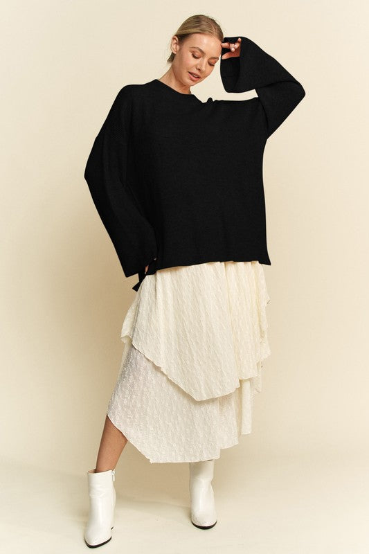 Davi & Dani High-Low Round Neck Drop Shoulder Sweater - ClassiQ