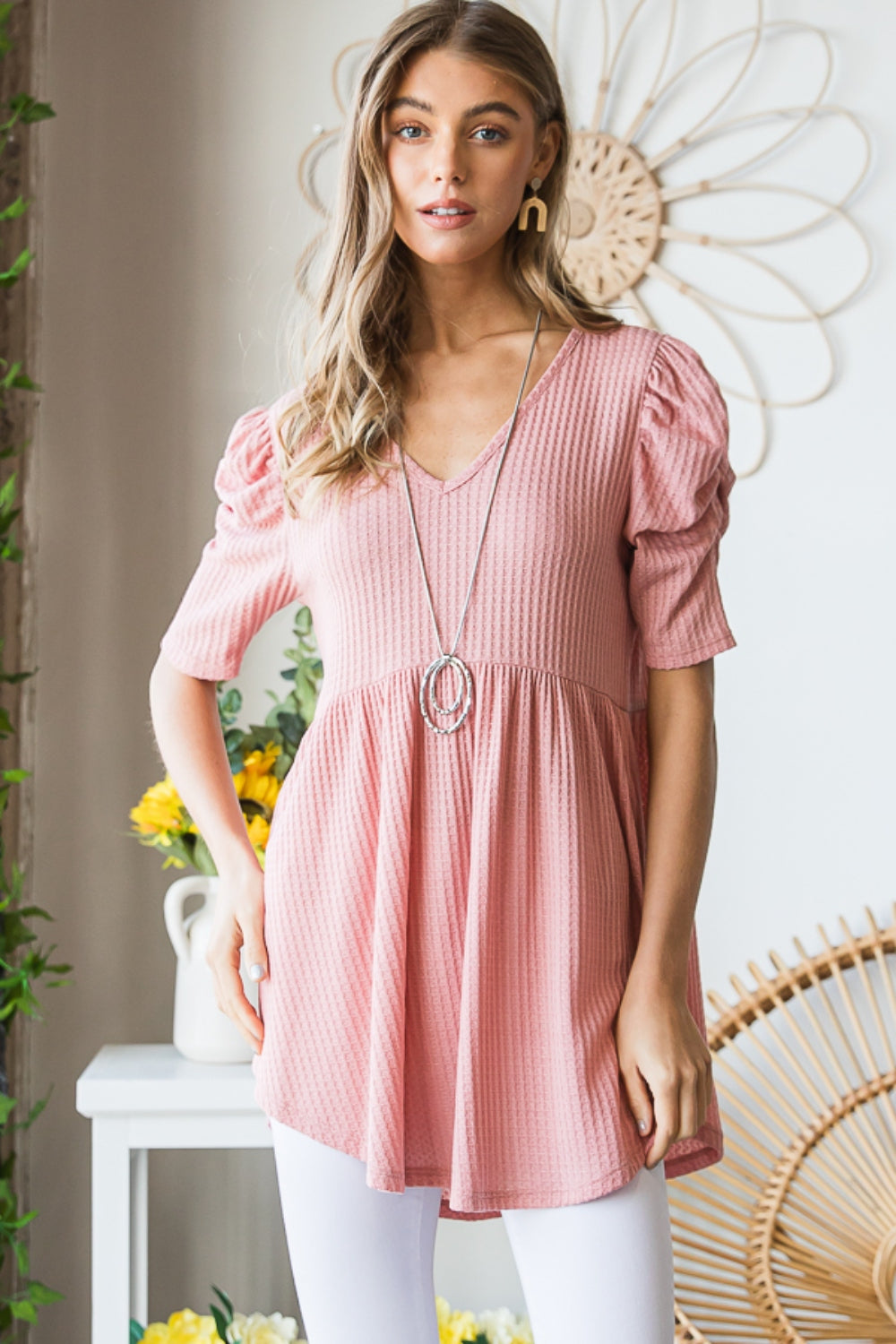 Heimish Full Size Waffle Knit V-Neck Babydoll Top - ClassiQ