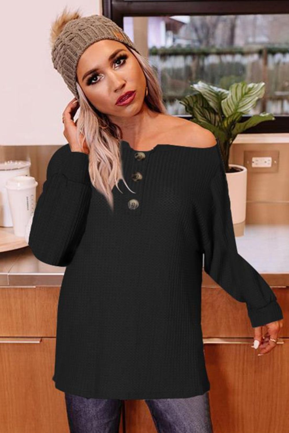 Buttoned Boat Neck Long Sleeve Blouse - Classique Collection