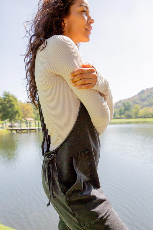 Mono B Drawstring Waist Spaghetti Strap Overalls with Pockets - ClassiQ