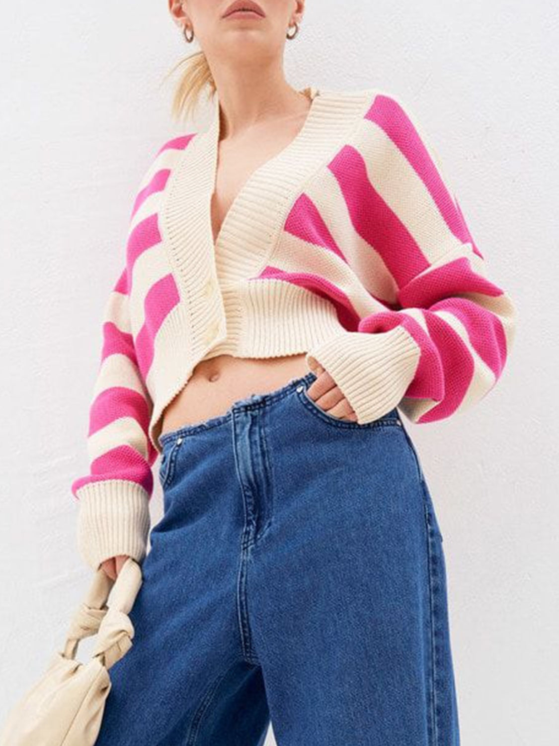 Striped Button Down Drop Shoulder Cardigan - Classique Collection