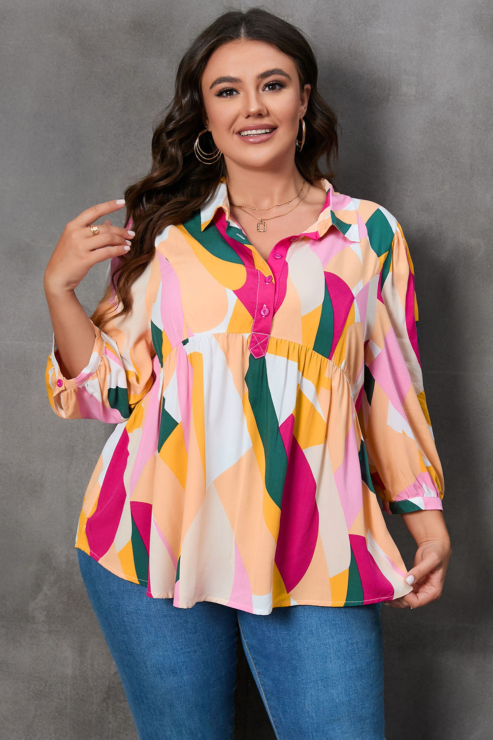 Plus Size Printed Collared Neck Half Button Top - Classique Collection