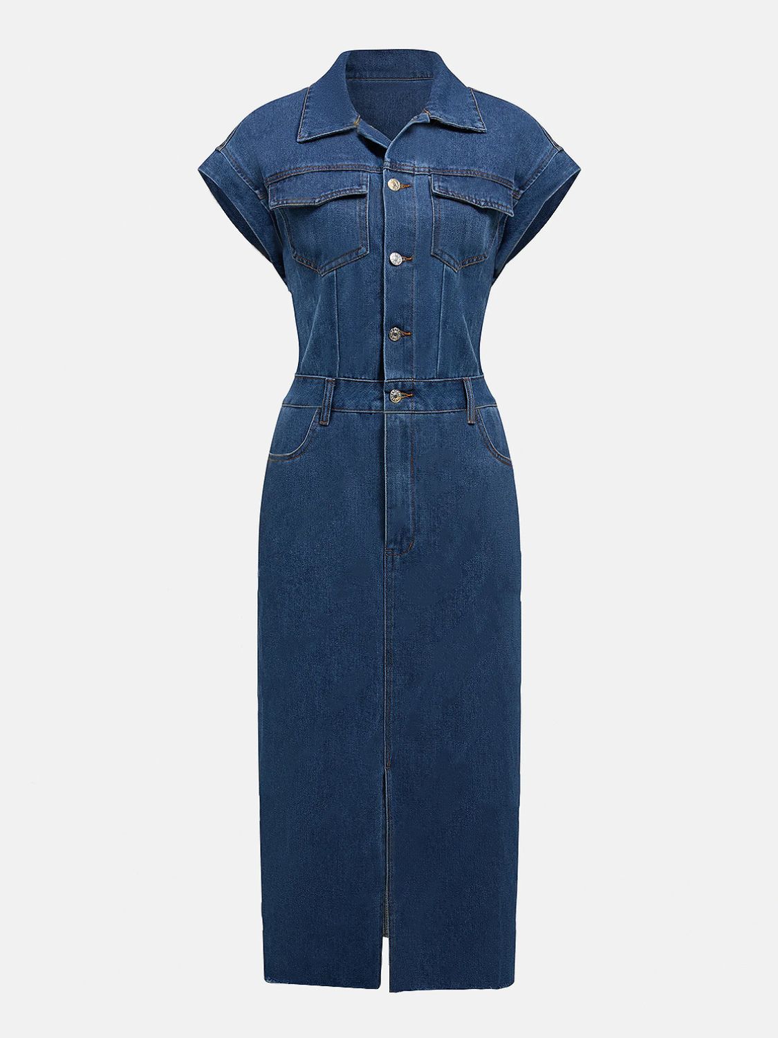 Slit Half Button Collared Neck Cap Sleeve Denim Dress - Classique Collection