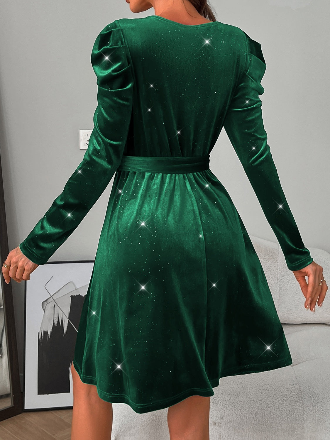 Glitter Round Neck Puff Sleeve Dress - Classique Collection