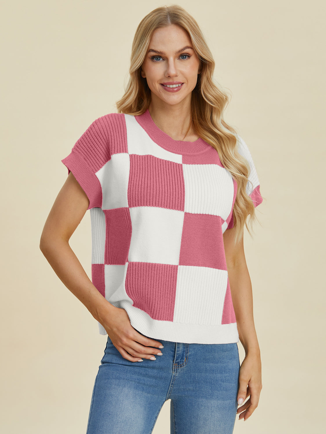Double Take Full Size Checkered Round Neck Short Sleeve Sweater - ClassiQ
