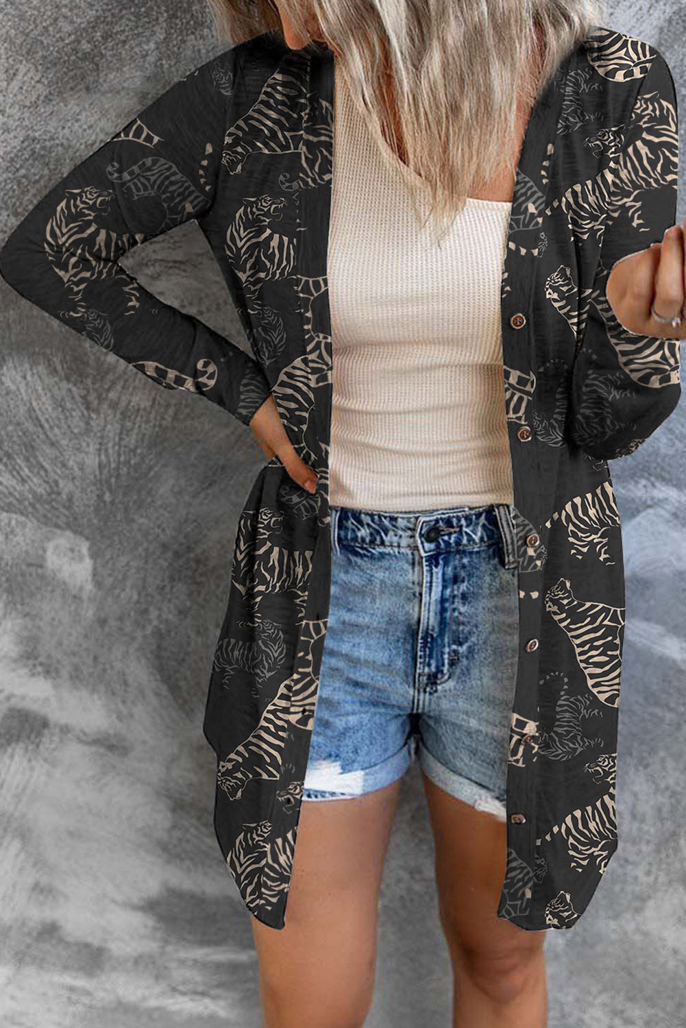 Tiger Print Button Up Long Sleeve Cardigan - ClassiQ