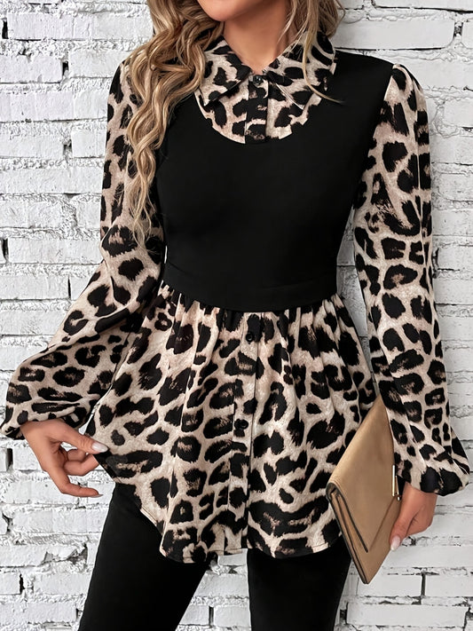 Leopard Collared Neck Balloon Sleeve Blouse - Classique Collection