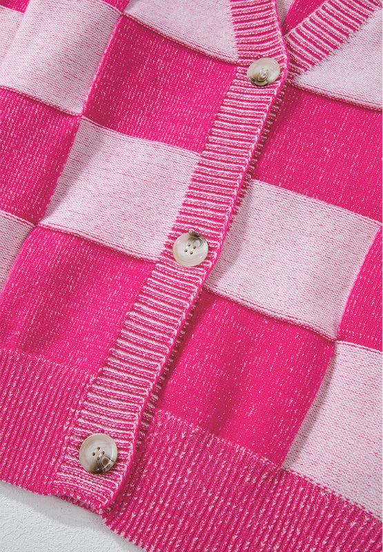 Checkered V-Neck Long Sleeve Cardigan - ClassiQ