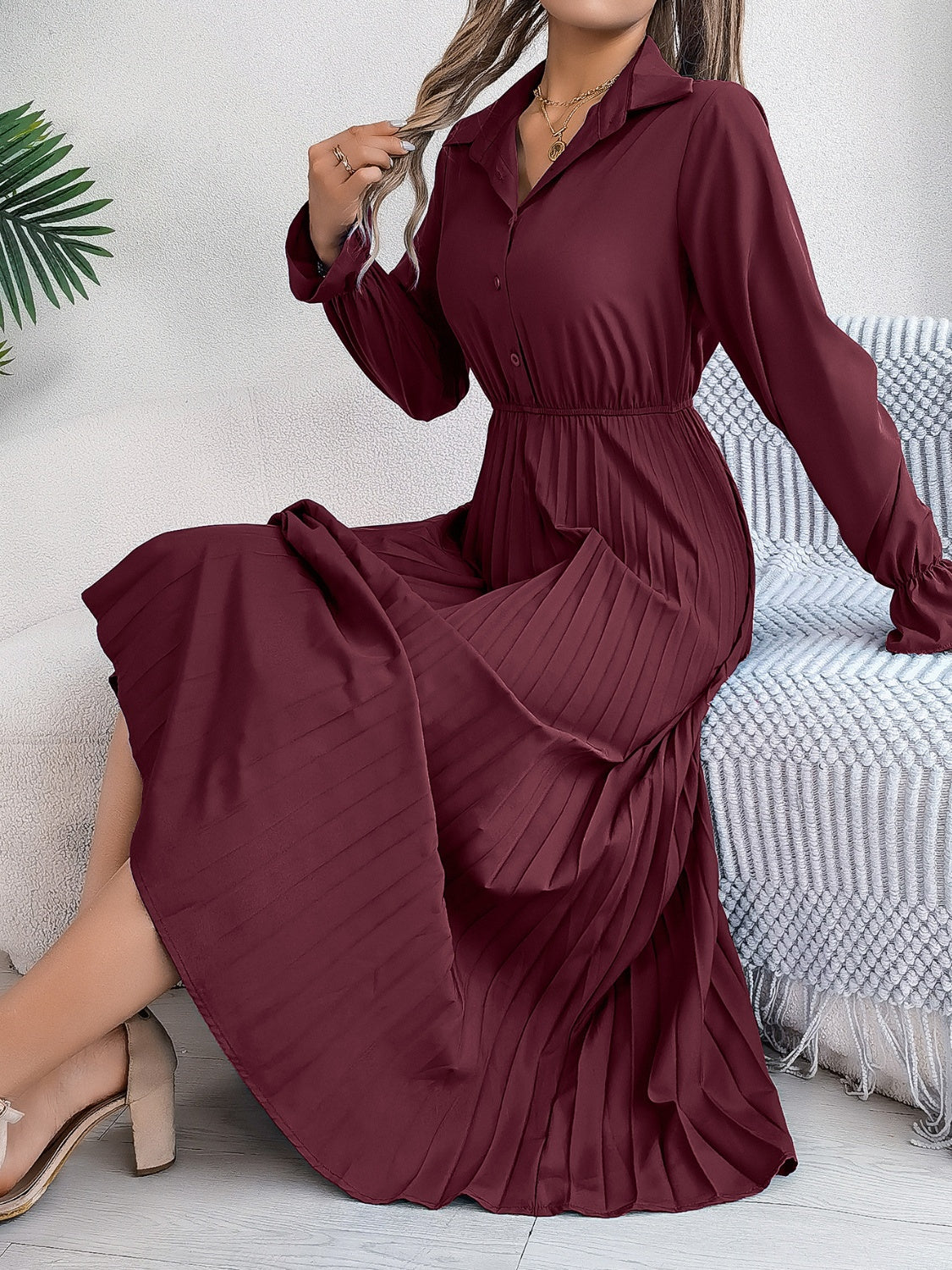 Pleated Half Button Long Sleeve Midi Dress - Classique Collection