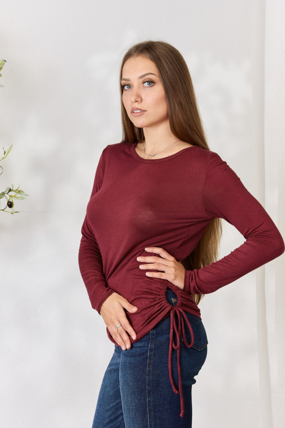 Culture Code Full Size Drawstring Round Neck Long Sleeve Top - Classique Collection