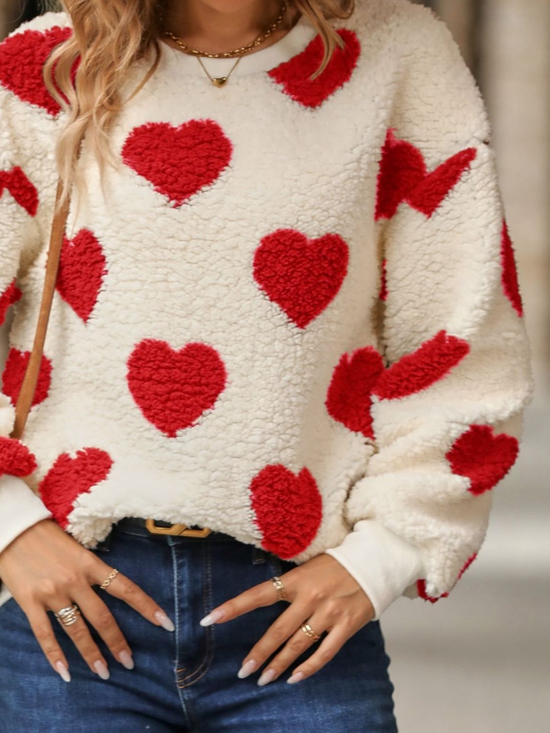Fuzzy Heart Dropped Shoulder Sweatshirt - ClassiQ