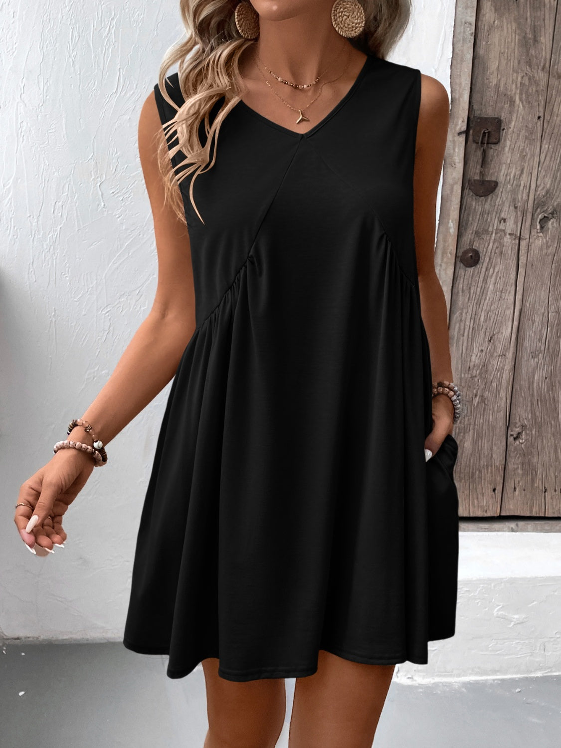 Ivy Lane Ruched V-Neck Sleeveless Mini Dress - Classique Collection